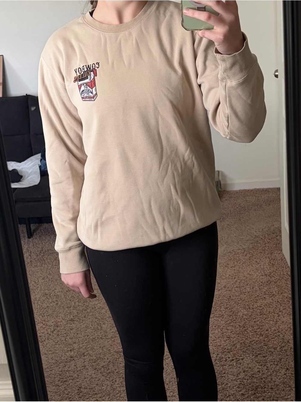 Women’s Classic Crewneck Sweatshirt in Beige with Chest Graphic - Picture 5 of 6